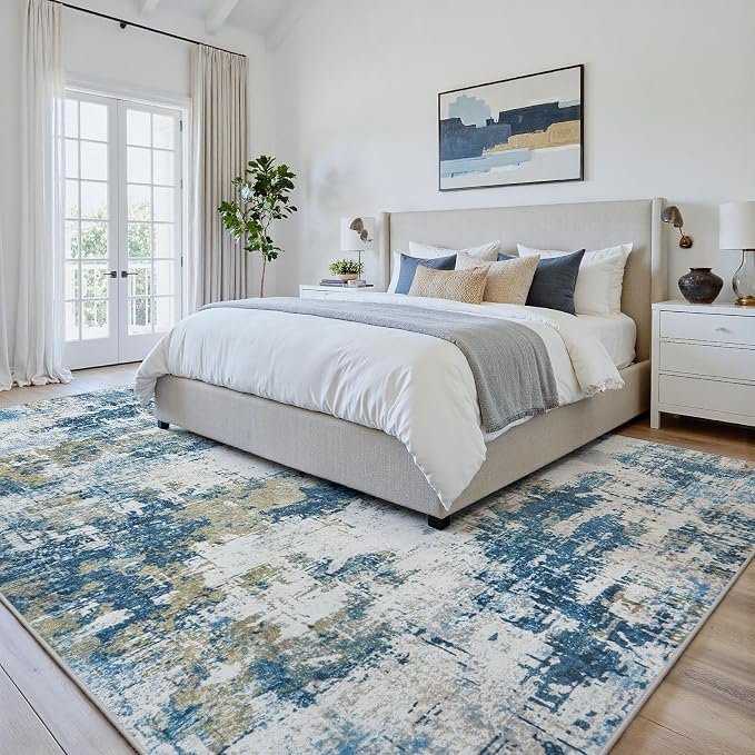 5x8 Area Rugs for Living Room Washable: Abstract Soft Thin Low Pile Blue Rug - Image 4