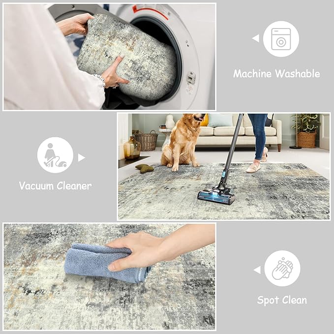 Lahome Modern Abstract Round Rug - 5Ft Grey Living Room Rugs Washable 5x5 - Image 4