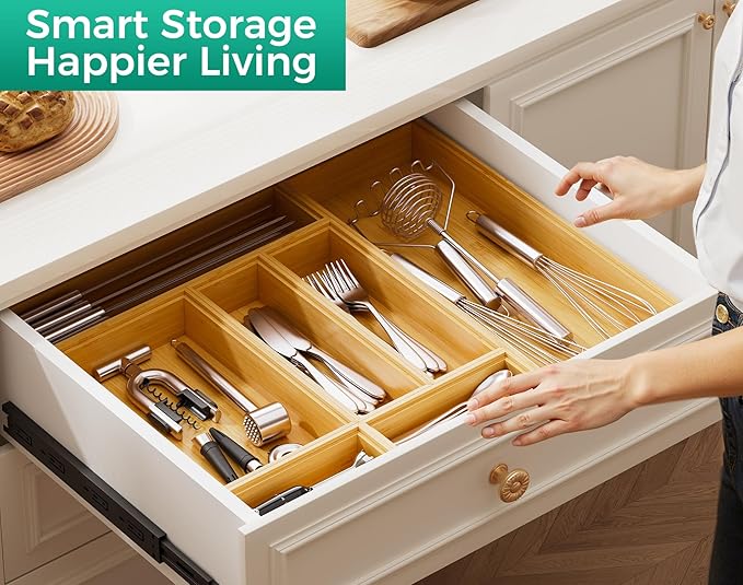 Bamboo Kitchen Drawer Organizer Boxes – 14" x 5" Stackable Wood Silverware - Image 5