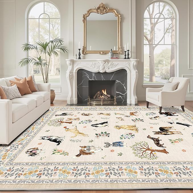 Beige Area Rugs 9x12 Living Room, Washable Dog Rug Non Slip Floral Low Pile - Image 4