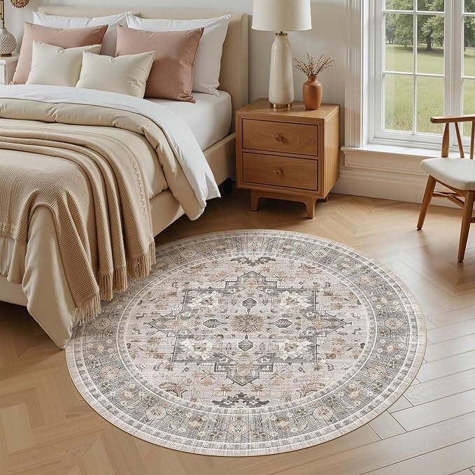 5ft Round Area Rug: Washable Vintage Neutral Soft Non Slip Thin Large Floor - Image 2