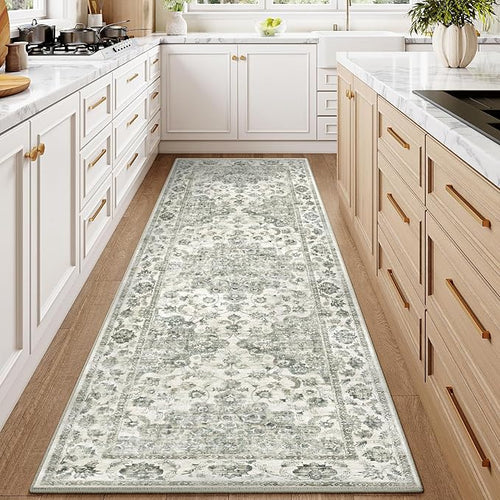 2x6 Washable Neutral Runner Rug Green Vintage Hallway Kitchen Carpet Non-Slip - Image 2