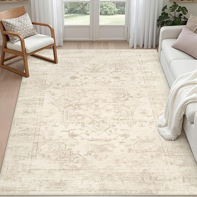 4x6 Area Rugs for Living Room: Vintage Boho Neutral Washable Rug Indoor Soft by Luxturiy