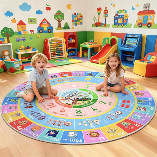 ABC Kids Rug for Playroom, 4ft Round Alphabet Small Classroom Rug, Non-Slip by GRAMBET