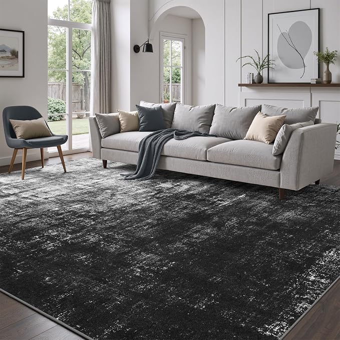 DCX Abstract Area Rug 9x12, Washable Black Modern Rug by DCXWashableRug