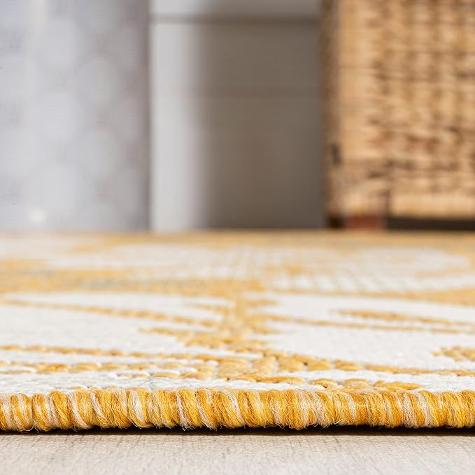 JONATHAN Y Floral Textured Weave Indoor Outdoor Round Area Rug 5 Ft Yellow/Cream - Image 6