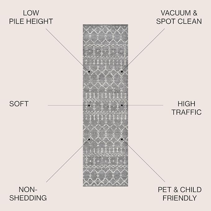 JONATHAN Y Boho Vintage Diamond Gray/Ivory Runner Rug 2X14 ft, Moroccan Hype - Image 2