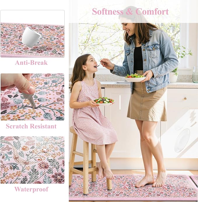 Collive Kitchen Mats for Floor, Cushioned Anti Fatigue Mat Pink Floral Rugs 2 - Image 6