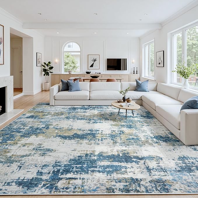 Area Rug 9x12 Living Room Rug Washable: No-Slip Abstract Soft Thin Large Blue by Oriannal