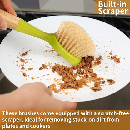 2 Pack Kitchen Dish Brush Bamboo Handle Dish Scrubber Built-in Scraper - Image 5
