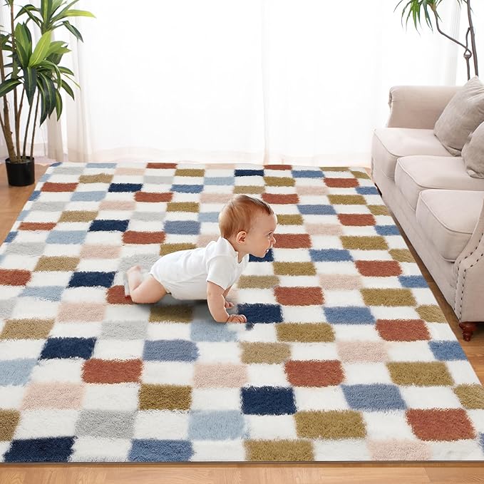Super Soft Rug for Bedroom, 8x10 Ft Rainbow Area Rug Classic Checkered Shaggy - Image 4