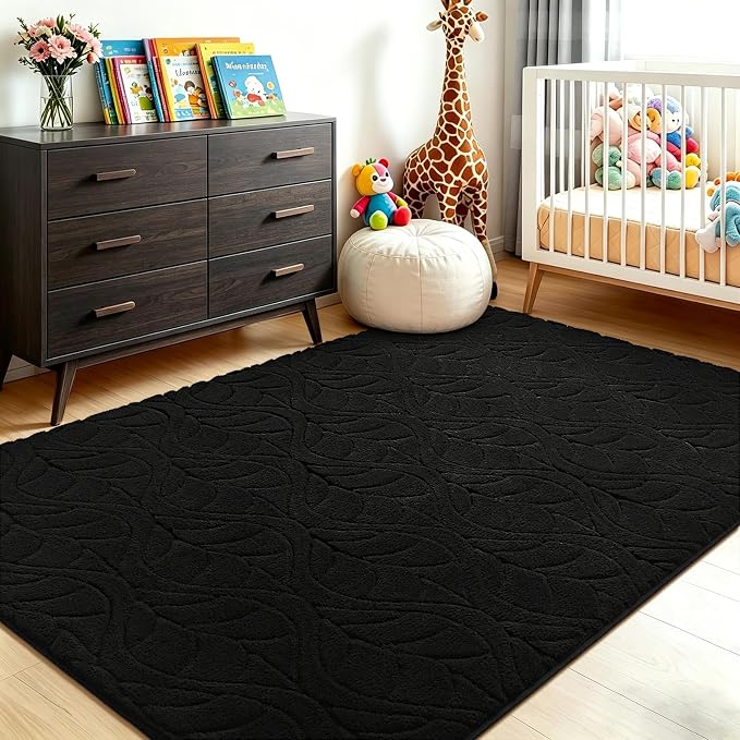 3x5 Black Washable Area Rug for Bedroom, Leaf Geometric Patter Shag Non-Slip - Image 4
