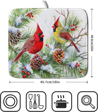 Giwawa Red Birds Dish Drying Mat, Xmas Tree Branch Holly Red Berries Dish - Image 2