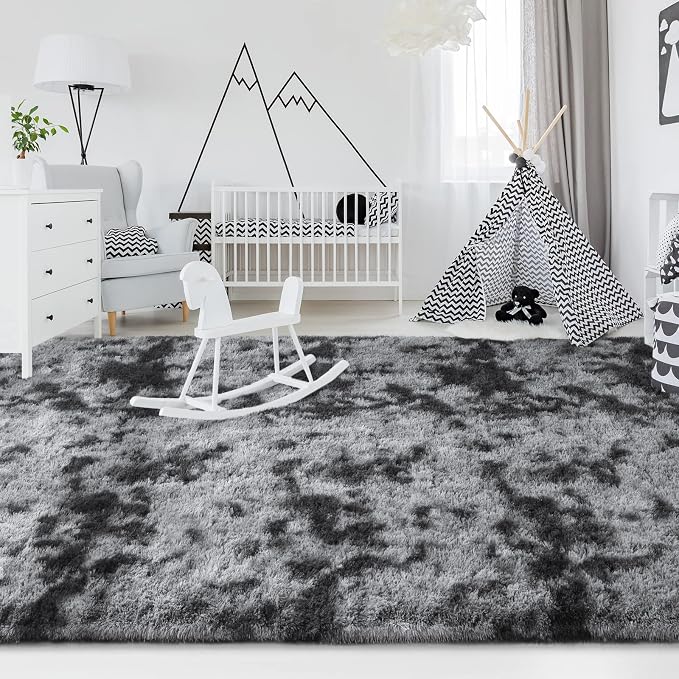 FlyDOIT Large Area Rugs for Living Room, 5x8 Feet Tie-Dyed Dark Grey Shaggy Rug - Image 4