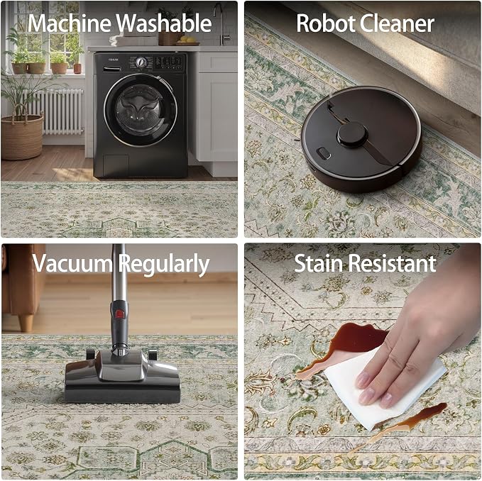 DCX Green 6x9 Area Rug, Machine Washable Non Slip Stain Resistant Vintage Rug - Image 6