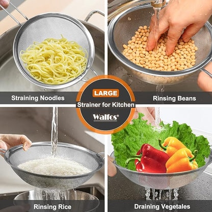 Walfos 9.35 Inch Large Fine Mesh Strainer, Stainless Steel 30 Mesh Sieve - Image 2