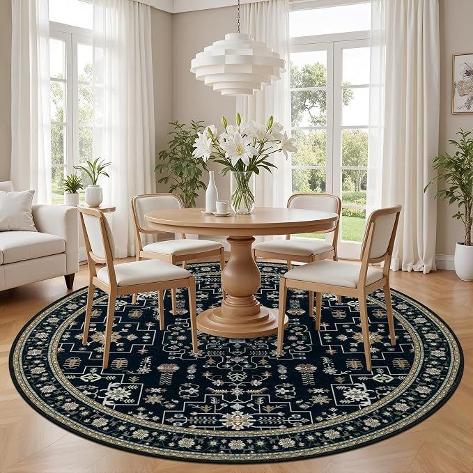 Round Area Rug for Living Room: 8 ft Washable Vintage Boho Soft Thin Circle Rug - Image 3