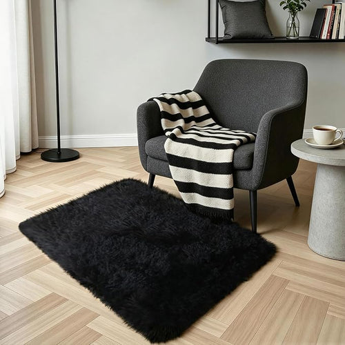 2x3 Black Fluffy Shag Rug for Bedroom, Soft Plush Fuzzy Washable Non Slip Floor - Image 2