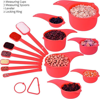 Red Measuring Cups and Spoons Set 15, 7 Plastic Measuring Cup Set, 7 Spice Long - Image 4