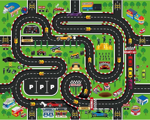 8x10 Ft Kids Race Track Car Rug Play Mat, Washable Non-Slip Large Playroom Rugs - Image 2