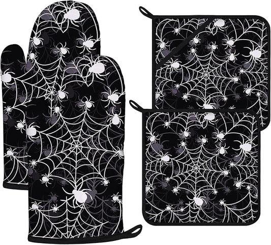Spider Web Oven Mitts and Pot Holders Sets 4Pcs, Extra Long Oven Gloves by VisittheDuibelproduct
