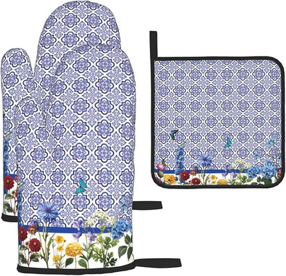 Blue Chinoiserie Oven Mitts Heat Resistant, Cute Floral Pot Holders and Kitchen by Unknown