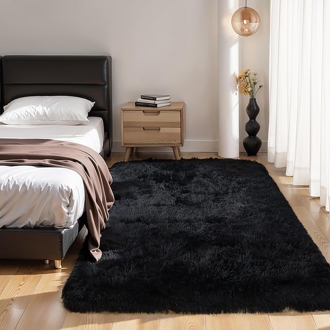 KICHOWUA Thick Area Rug Black Fluffy Shag 3x5 - Image 9