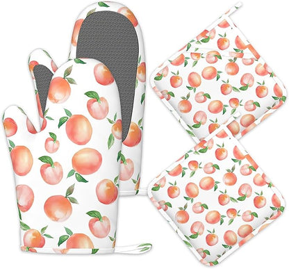 Watercolor Peaches Oven Mitts and Pot Holders Sets, Silicone Kitchen Mitts by Unknown