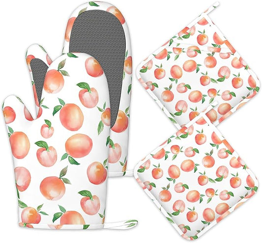 Watercolor Peaches Oven Mitts and Pot Holders Sets, Silicone Kitchen Mitts by Unknown