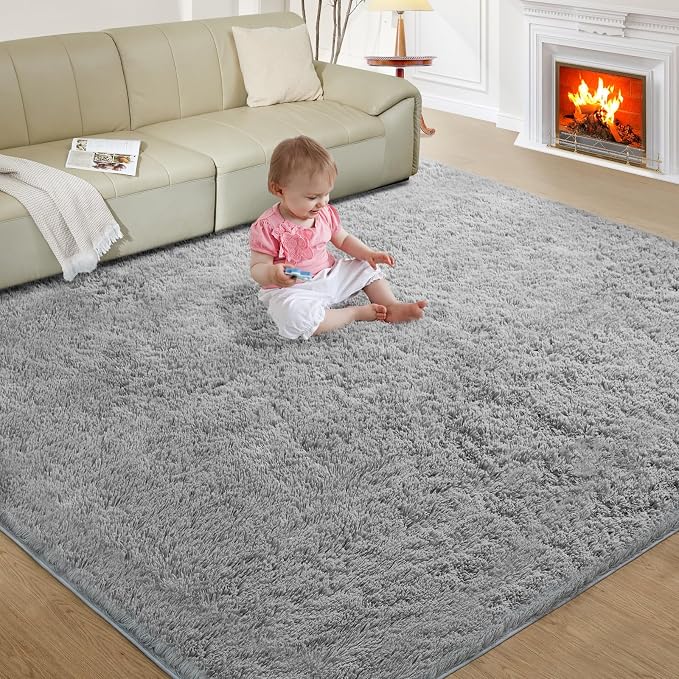 Rugs for Living Room 6x9 Light Grey, Large Big Fluffy Shag Fuzzy Plush Soft by Fairblink