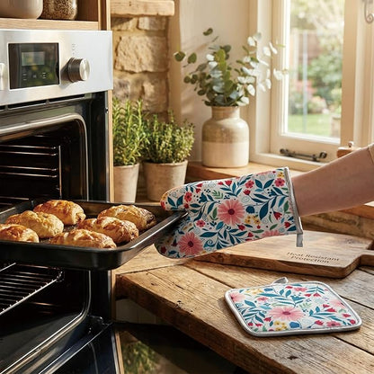 Floral Oven Mitts and Pot Holders Sets 2 Pcs, Canvas Heat Resistant Kitchen - Image 5