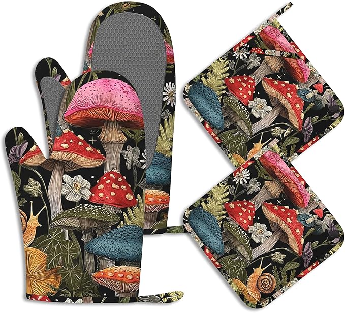 Mushroom Forest Oven Mitts and Pot Holders Cute Snail Wildflowers Silicone by BIGXIUKA