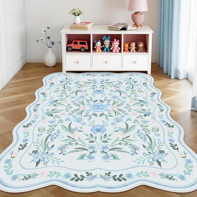 Blue Floral Rug 4x6 for Girls Bedroom or Nursery, Scalloped Washable Non-Slip - Image 2