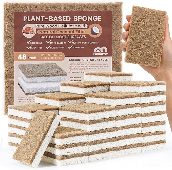 Metflavor 48 Pack Natural Kitchen Sponges, Biodegradable Non-Scratch Cellulose by Metflavor