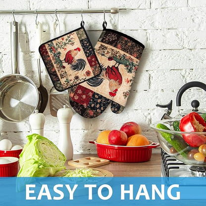 Rustic Rooster Oven Mitts and Pot Holders Sets Heat Resistant 4Pcs Potholders - Image 4