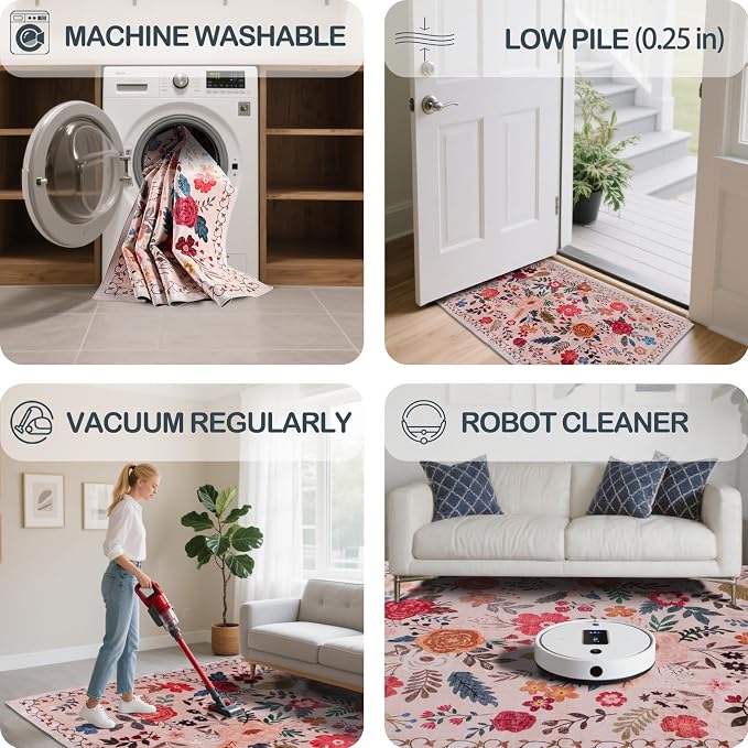 5x7 Area Rugs for Living Room Clearance Washable Boho Area Rug, Vintage Floral - Image 5
