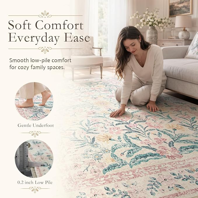 Wonnitar Pink Floral Round Rugs 5ft, Soft Circle Rug Non Slip Washable Round - Image 5