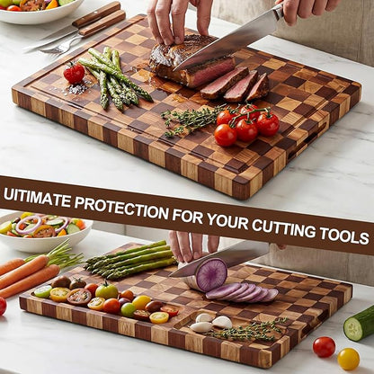 Checkered Cutting Board with Stand, Dual-Sided Wood Cutting Board with Juice - Image 5