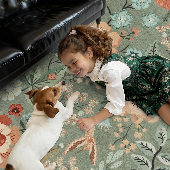 DCX Vintage Floral Rug 2x3, Washable Sage Green Rug - Image 3