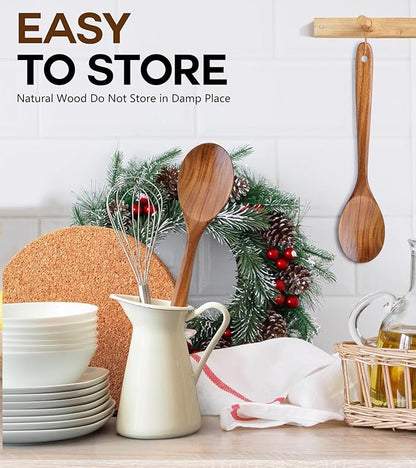 Wooden Spoons for Cooking, Natural Premium Teak Wooden Spoons, Good Grip Large - Image 6