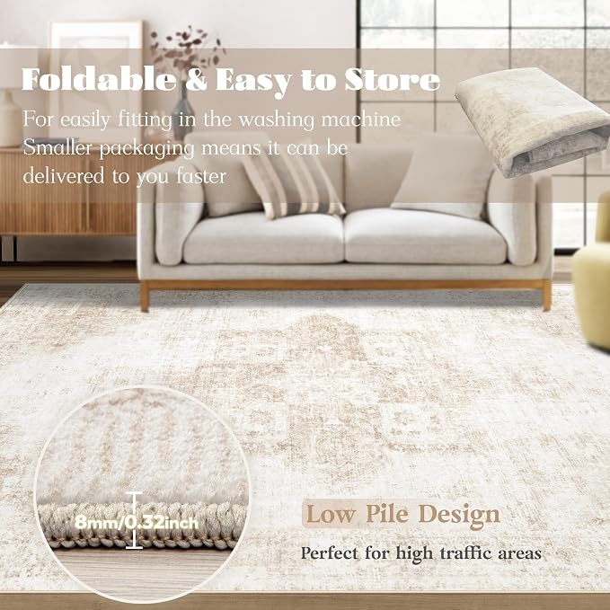 Area Rug 4x6 Washable Rug, Vintage Boho Medallion Rugs Non-Slip Soft Low Pile - Image 6