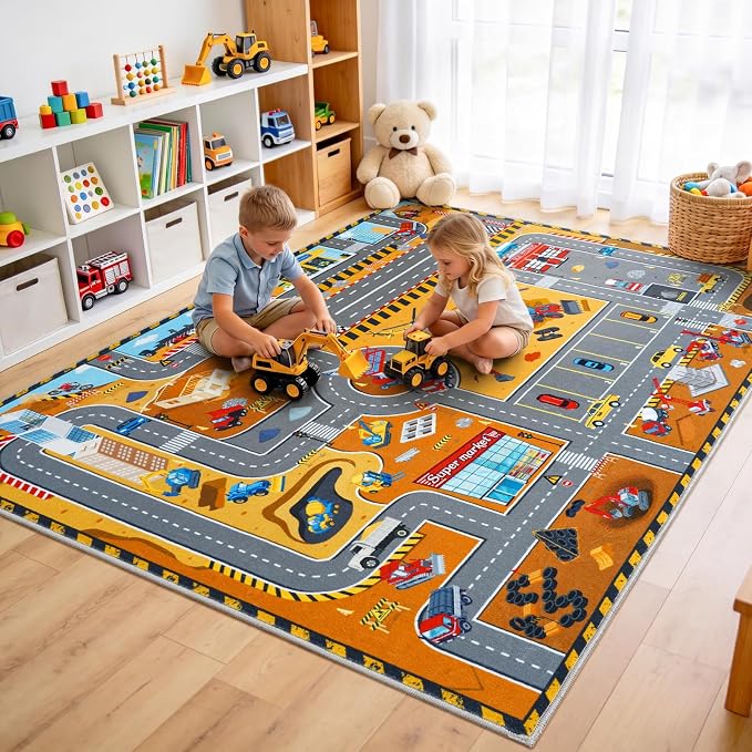 Kids Car Rug Play Mat 6x9 Ft, Non-Slip Washable Construction Site Playroom Rug by Quntue