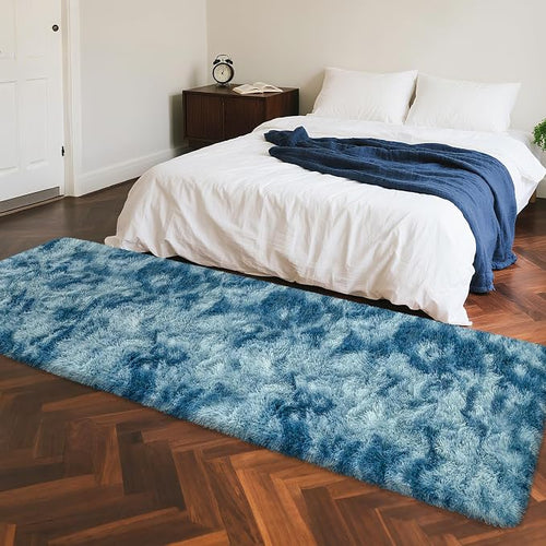 2x8 ft Plush High Pile Blue Tie-Dyed Rug Fluffy Soft Runner Bedside Rug - Image 2