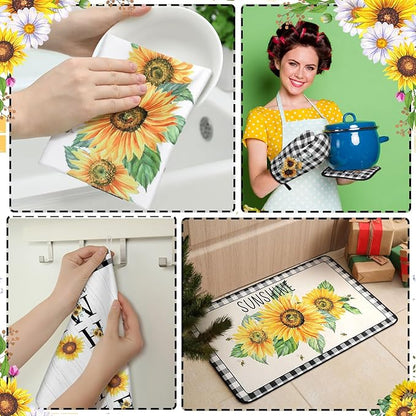 Fourluoo 10 Pcs Sunflower Kitchen Decor 4 Black and White Buffalo Plaid Dish - Image 4