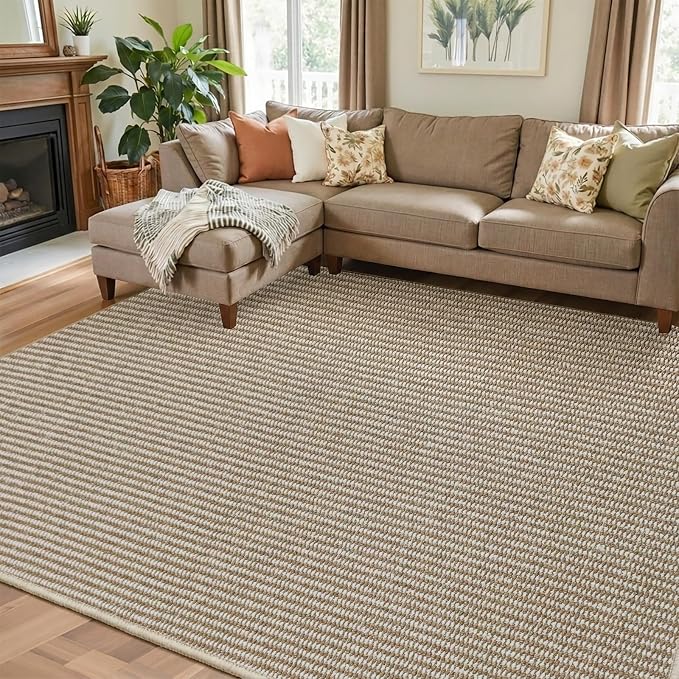 Faux Jute Area Rug 4'x6', Washable & Non-Slip, Taupe & White | 0.27" Low Pile - Image 4