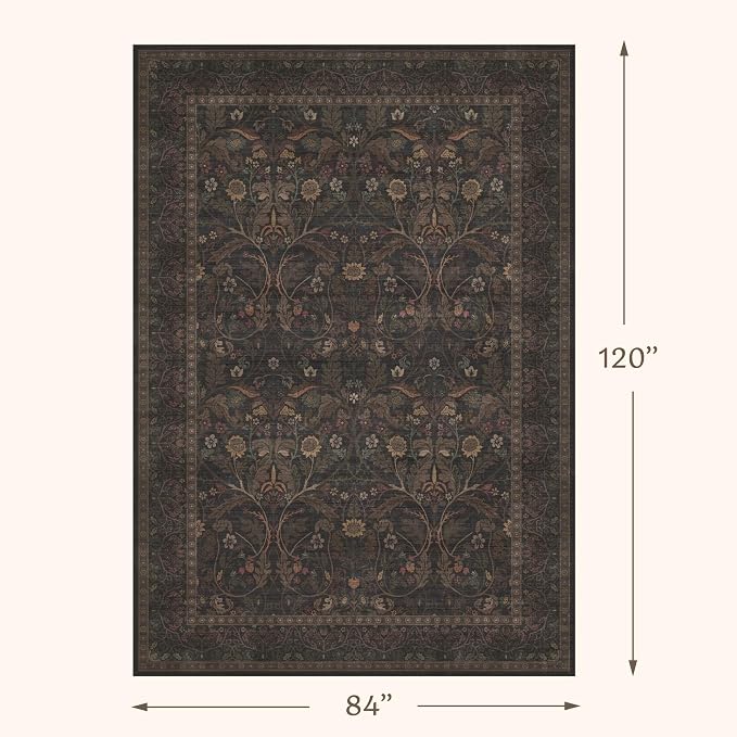 7x10 Washable Rug for Living Room, Dark Brown Vintage Cottagecore Floral Area - Image 2