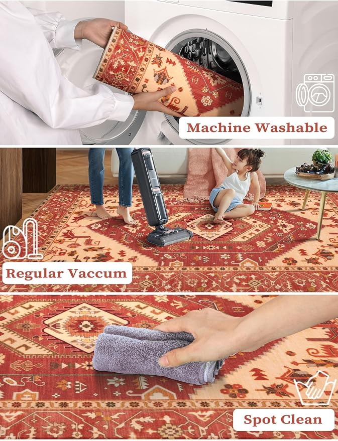 SERISSA Boho Washable Runner Rug, 2x6 Rug Runner Non-Slip Vintage Red Hallway - Image 3
