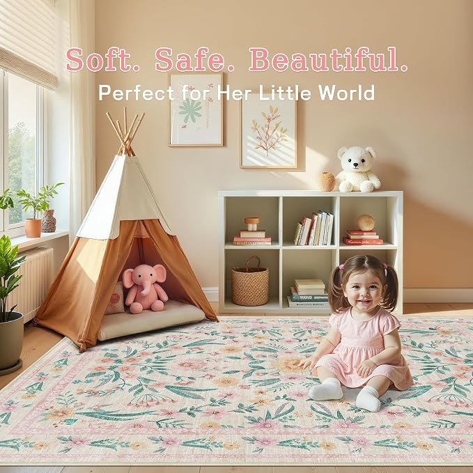 Pink Floral Area Rug 4x6, Washable Non-Slip Soft Carpet - Image 8