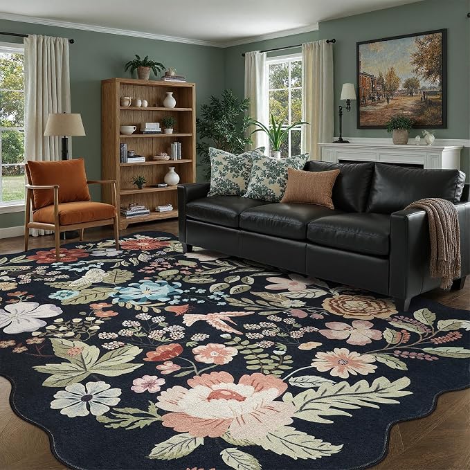DCX Black Floral Rug 8x10, Washable Black Rug - Image 2