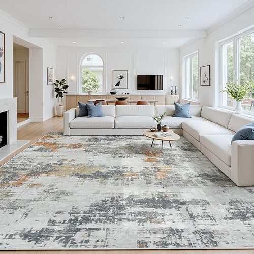 Area Rug 10x14 Living Room Rug Washable: No-Slip Abstract Soft Thin Large Grey by Oriannal